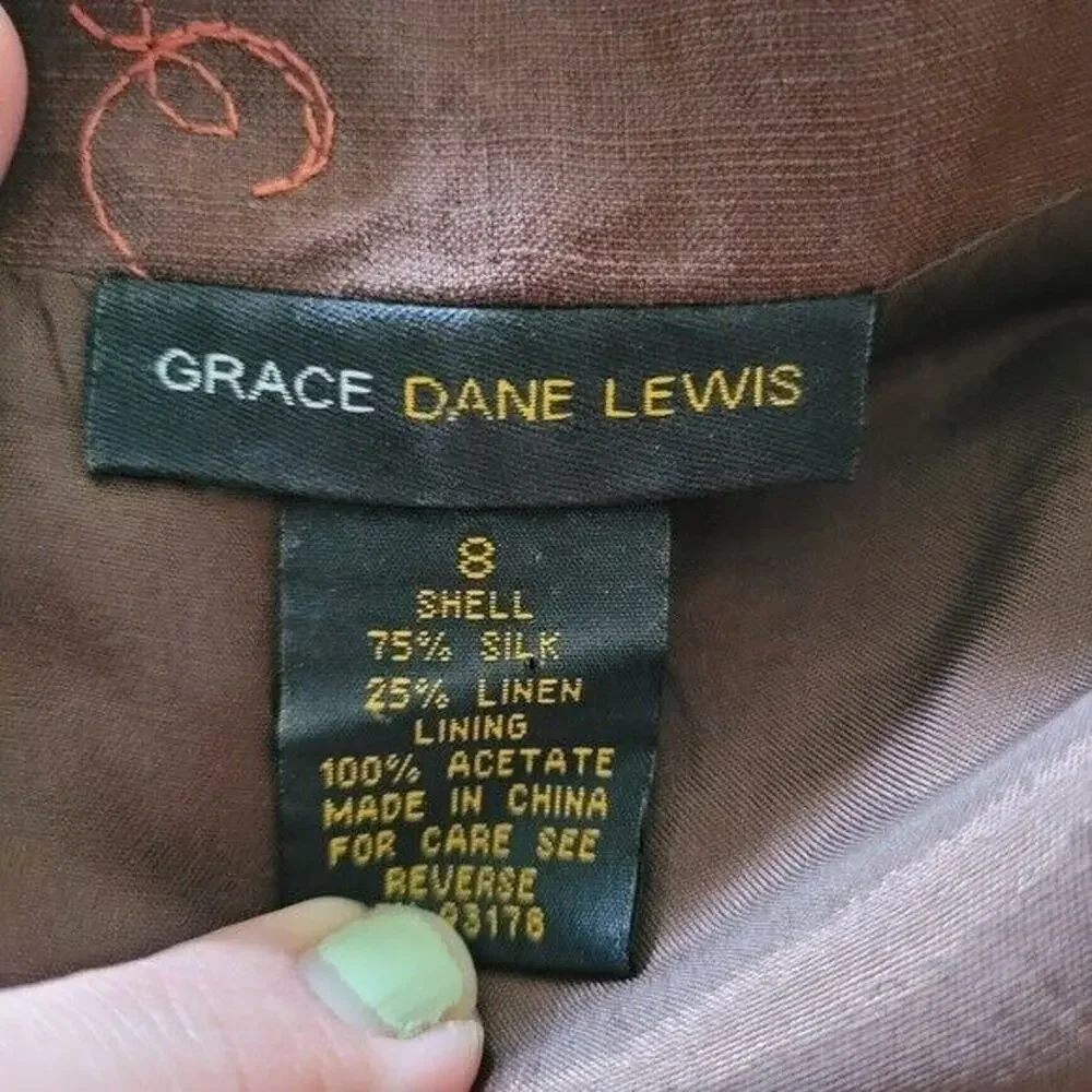 Grace Dane Lewis Womens Silk Linen Embroidered Mini Skirt Size 8 Y2K Brown Multi